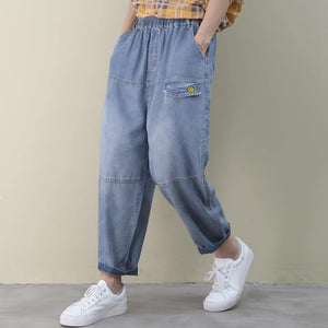Organic denim blue vintage elastic waist patchwork pants