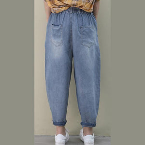 Organic denim blue vintage elastic waist patchwork pants