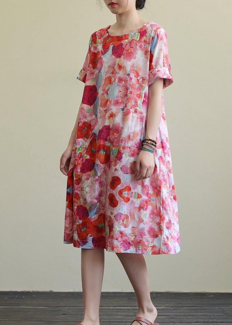 Organic O Neck Pockets Chiffon Summer Clothes Sleeve Red Print Dresses