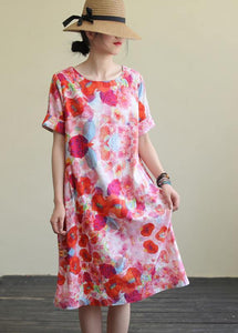 Organic O Neck Pockets Chiffon Summer Clothes Sleeve Red Print Dresses