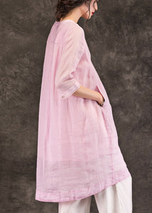 Organic pink linen Robes fine Sleeve o neck Half sleeve A Line Summer Dress