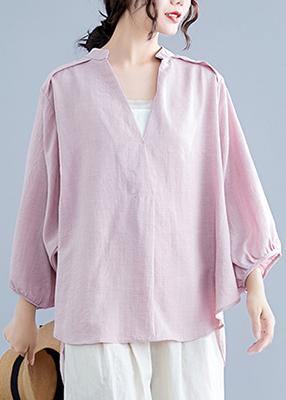 Organic pink linen cotton clothes For Women Shirts v neck batwing sleeve summer top