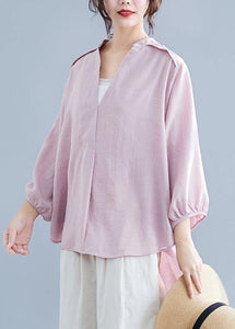Organic pink linen cotton clothes For Women Shirts v neck batwing sleeve summer top