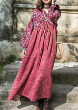 Load image into Gallery viewer, Organic red print cotton Long Shirts o neck lantern sleeve baggy summer Dress