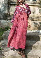 Load image into Gallery viewer, Organic red print cotton Long Shirts o neck lantern sleeve baggy summer Dress