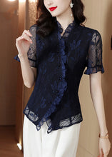 Load image into Gallery viewer, Original Design Navy Ruffled Hollow Out Lace Shirt Summer