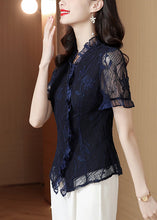 Load image into Gallery viewer, Original Design Navy Ruffled Hollow Out Lace Shirt Summer