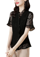 Load image into Gallery viewer, Original Design Navy Ruffled Hollow Out Lace Shirt Summer