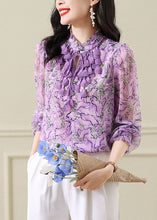 Load image into Gallery viewer, Original Design Purple Stand Collar Ruffled Print Chiffon Blouse Top Spring