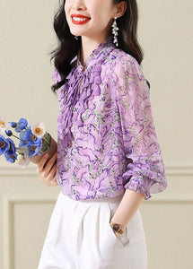 Original Design Purple Stand Collar Ruffled Print Chiffon Blouse Top Spring