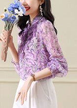 Load image into Gallery viewer, Original Design Purple Stand Collar Ruffled Print Chiffon Blouse Top Spring