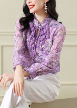 Load image into Gallery viewer, Original Design Purple Stand Collar Ruffled Print Chiffon Blouse Top Spring