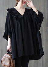 Load image into Gallery viewer, Oversized Black V Neck Ruffled Patchwork Cotton Shirt Top Summer