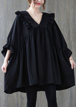 Load image into Gallery viewer, Oversized Black V Neck Ruffled Patchwork Cotton Shirt Top Summer