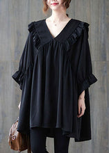 Load image into Gallery viewer, Oversized Black V Neck Ruffled Patchwork Cotton Shirt Top Summer