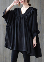 Load image into Gallery viewer, Oversized Black V Neck Ruffled Patchwork Cotton Shirt Top Summer