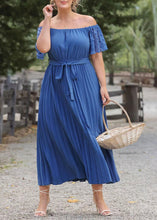 Load image into Gallery viewer, Oversized Blue Slash Neck Tie Waist Wrinkled Patchwork Chiffon Dress Summer