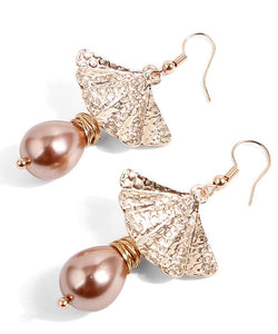 Pink Alloy Shell Pearl Fan Shaped Drop Earrings