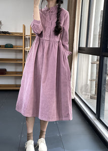 Pink Button Pockets Corduroy Dresses Winter