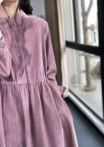 Pink Button Pockets Corduroy Dresses Winter