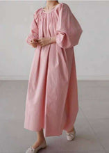 Load image into Gallery viewer, Pink Cotton O-Neck wrinkled Maxi Dress Three Quarter sleeve