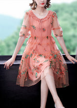 Load image into Gallery viewer, Pink Hollow Out Chiffon Holiday Dress Lace Up Embroideried Summer