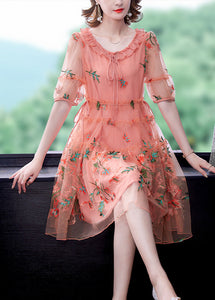 Pink Hollow Out Chiffon Holiday Dress Lace Up Embroideried Summer