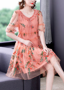 Pink Hollow Out Chiffon Holiday Dress Lace Up Embroideried Summer