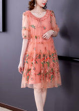 Load image into Gallery viewer, Pink Hollow Out Chiffon Holiday Dress Lace Up Embroideried Summer