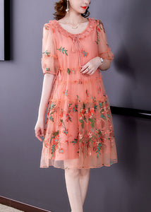 Pink Hollow Out Chiffon Holiday Dress Lace Up Embroideried Summer