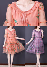 Load image into Gallery viewer, Pink Hollow Out Chiffon Holiday Dress Lace Up Embroideried Summer