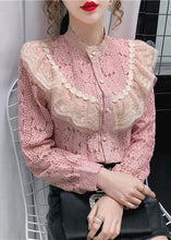 Load image into Gallery viewer, Pink Lace Loose Shirt Top button Hollow Out Long sleeve