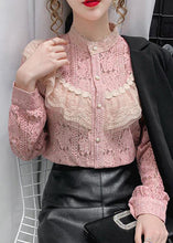 Load image into Gallery viewer, Pink Lace Loose Shirt Top button Hollow Out Long sleeve