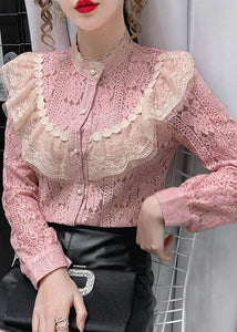 Pink Lace Loose Shirt Top button Hollow Out Long sleeve