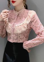 Load image into Gallery viewer, Pink Lace Loose Shirt Top button Hollow Out Long sleeve