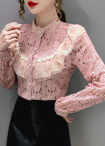 Pink Lace Loose Shirt Top button Hollow Out Long sleeve