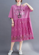 Load image into Gallery viewer, Pink Lace Patchwork Cotton Maxi Dresses Oversized Letter Print Half Sleeve