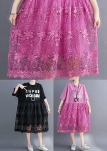 Pink Lace Patchwork Cotton Maxi Dresses Oversized Letter Print Half Sleeve