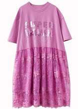 Load image into Gallery viewer, Pink Lace Patchwork Cotton Maxi Dresses Oversized Letter Print Half Sleeve