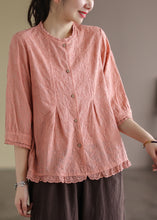 Load image into Gallery viewer, Pink Lace Patchwork Linen Shirts Button Bracelet Sleeve