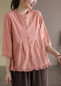 Pink Lace Patchwork Linen Shirts Button Bracelet Sleeve