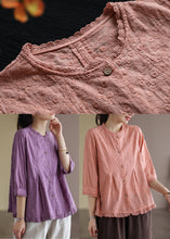 Load image into Gallery viewer, Pink Lace Patchwork Linen Shirts Button Bracelet Sleeve