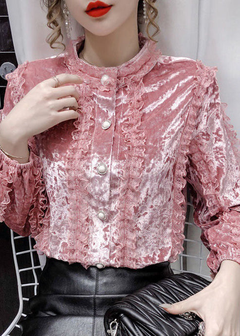 Pink Lace Patchwork Velour Blouses Stand Collar button Long sleeve