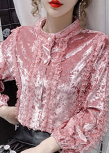 Load image into Gallery viewer, Pink Lace Patchwork Velour Blouses Stand Collar button Long sleeve