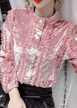 Load image into Gallery viewer, Pink Lace Patchwork Velour Blouses Stand Collar button Long sleeve