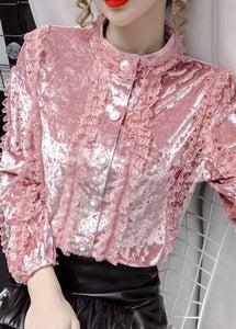 Pink Lace Patchwork Velour Blouses Stand Collar button Long sleeve