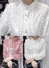 Load image into Gallery viewer, Pink Lace Patchwork Velour Blouses Stand Collar button Long sleeve