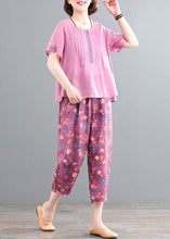 Load image into Gallery viewer, Pink Linen Tops And Pants Two Pieces Set Wrinkled Embroideried Short Sleeve