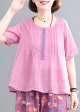 Load image into Gallery viewer, Pink Linen Tops And Pants Two Pieces Set Wrinkled Embroideried Short Sleeve