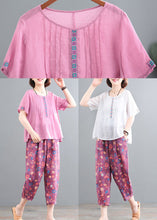 Load image into Gallery viewer, Pink Linen Tops And Pants Two Pieces Set Wrinkled Embroideried Short Sleeve